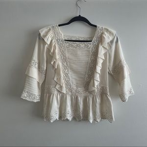 Ulla Johnson 3/4 sleeves white ruffle and embroidered blouse